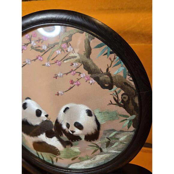 Vtg Chinese Panda CherryBlossom DoubleSided Silk Sichuan Embroidery WoodBase Box - Picture 6 of 8